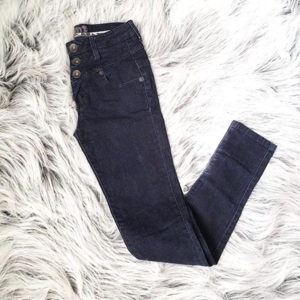 High Waisted Dark Blue Denim Skinny Jeans‎ With Button Fly // 1